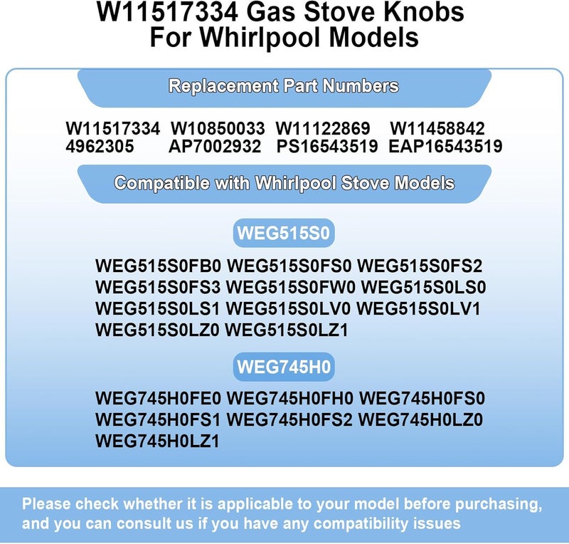 Gesleben W11517334 Range Knobs Compatible with Whirlpool Gas Range Stove Oven Knob WEG745H0FS0 WEG515S0FB0, 5-Pack Burner Control Knob Replaces W11122869 W10850033 - Image 3